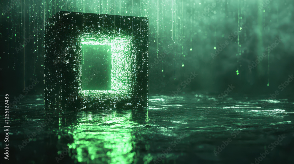 Quantum computer submerged in eco-friendly cooling liquid, glowing softly with minimal power consumption, in a cinematic green ambiance