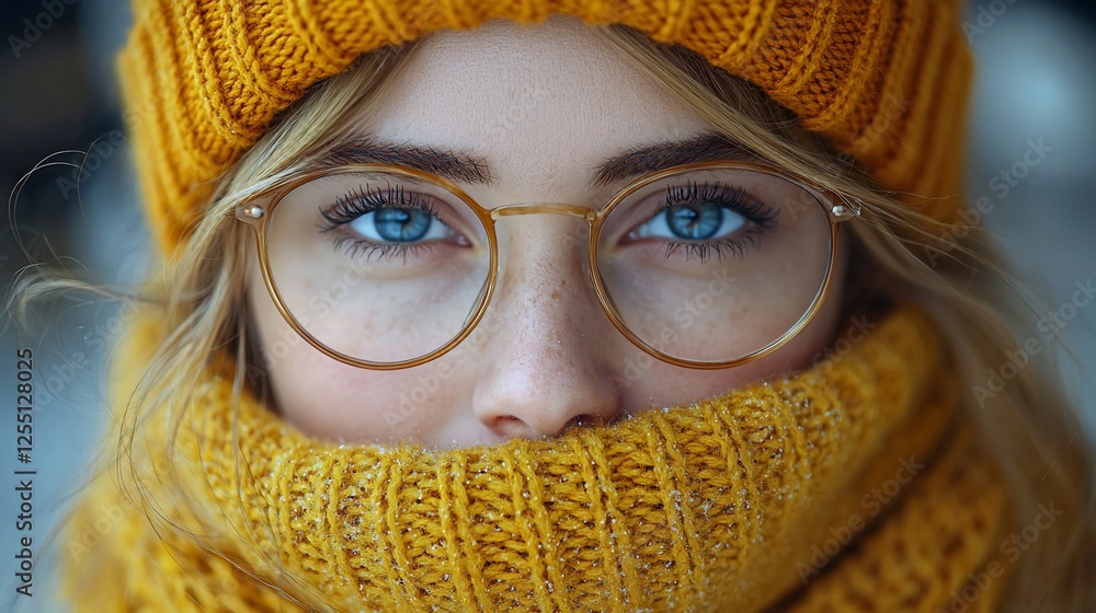 Close-up portrait of a young woman with blue eyes wearing a yellow knit hat and scarf. Close-up portrait of a young woman with blue eyes wearing a yellow knit hat and scarf.