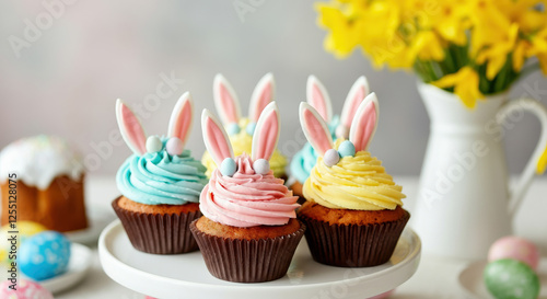 Colorful bunny-eared cupcakes with spring flowers and easter eggs. photo