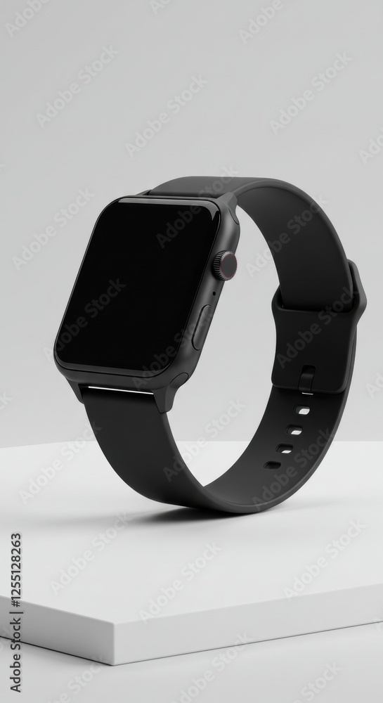 Sleek black smartwatch displayed on minimalist white platform in studio setting Sleek black smartwatch displayed on minimalist white platform in studio setting