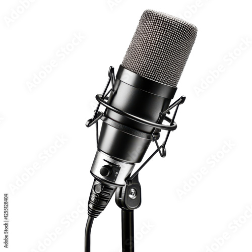 A black microphone with a mesh grille, designed for recording and broadcasting audio.