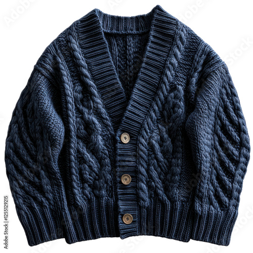 A cozy, chunky knit cardigan in a deep navy blue, featuring a V-neckline and textured cable patterns with multiple buttons down the front.