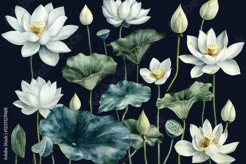 A detailed collection of watercolor white lotus blooms and foliage, ideal for natural and elegant designs.
