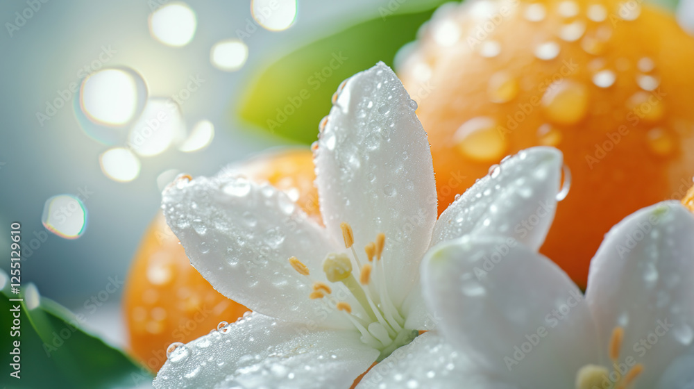 Fototapeta premium Close-Up of Dew-Kissed Orange Blossom