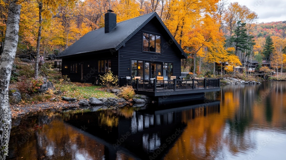 Fototapeta premium Black cabin on lake with fall foliage, tranquil autumn scene, ideal for vacation rental