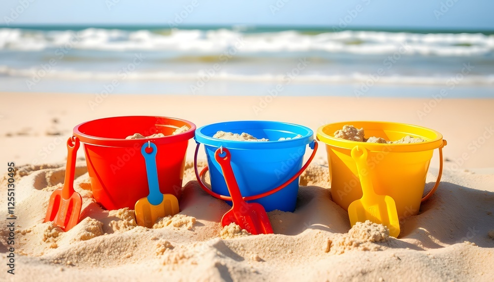 Colorful Buckets on Sunny Beach Colorful Buckets on Sunny Beach