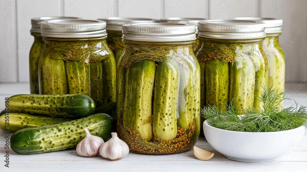 On a white wooden board, jars with pickled cucumbers, a bowl of fresh cucumbers, and dill with garlic are arranged to highlight home canning from a top-down viewpoint. On a white wooden board, jars with pickled cucumbers, a bowl of fresh cucumbers, and dill with garlic are arranged to highlight home canning from a top-down viewpoint.