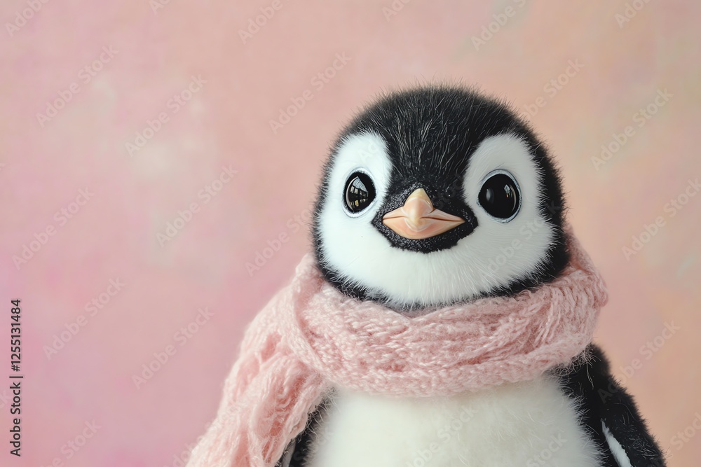 Adorable baby penguin with soft black & white feathers, wearing a pink scarf, big sparkling eyes, and happy expression. Delicate hand-embroidered plush art style on solid background. Adorable baby penguin with soft black & white feathers, wearing a pink scarf, big sparkling eyes, and happy expression. Delicate hand-embroidered plush art style on solid background.