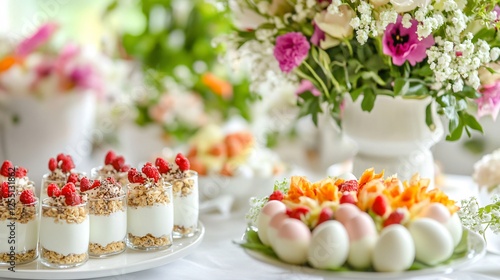 A joyful Easter gathering with Greek yogurt parfaits, a platter of colorful deviled eggs, and a beautifully arranged floral bouquet in the background
