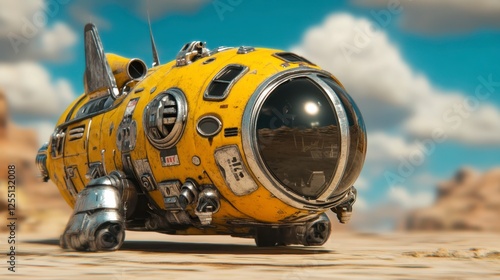 A bright yellow, futuristic spacecraft, resembling a submarine with fins, sits on a sandy, desert like landscape under a partly cloudy sky. The craft photo