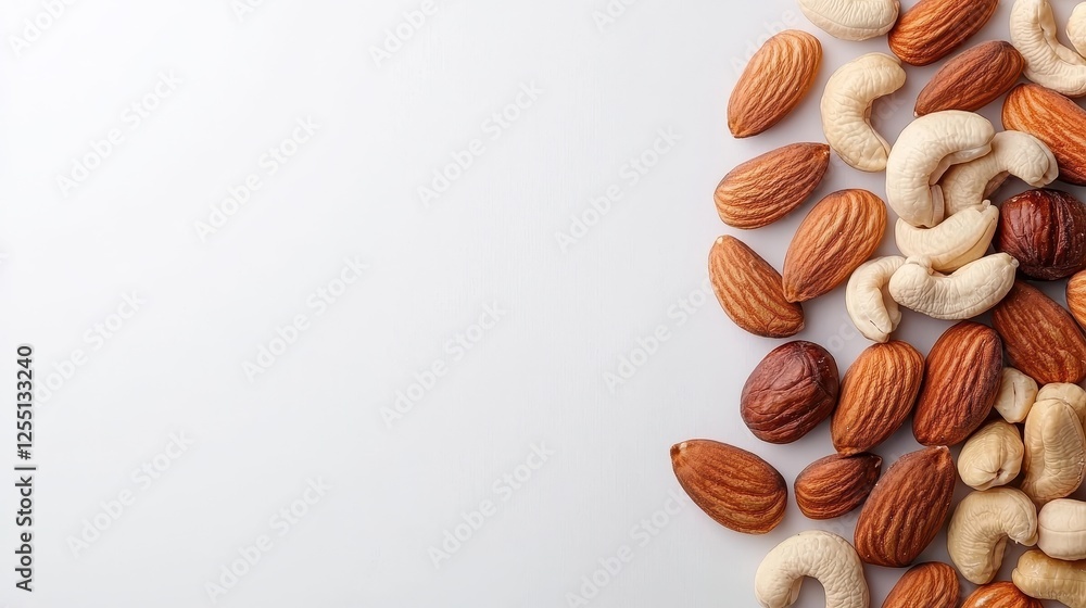 A variety of nuts including almonds and cashews are arranged on a light background, showcasing their textures and colors. A variety of nuts including almonds and cashews are arranged on a light background, showcasing their textures and colors.
