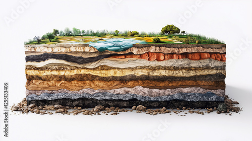 Geological cross-section of the Earth showing different layers of soil with deposits of minerals such as coal, oil, iron ore, and rare earth metals