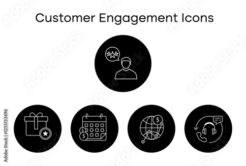 Customer Engagement Icons: Loyalty Program, Subscription Plans, User Reviews, Customer Support, Business Expansion.