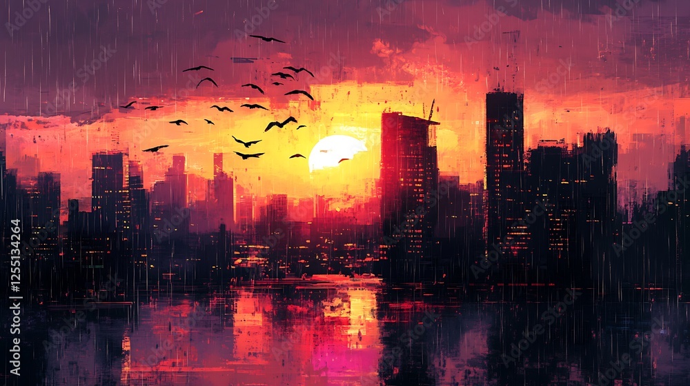 Fototapeta premium Rainy Cityscape Sunset: Birds Silhouette at Dusk