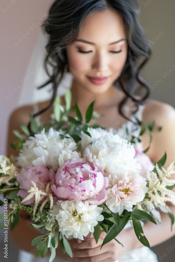 Aesthetic floral arrangement of delicate pink peonies in the hands of a woman dressed in white. Aesthetic floral arrangement of delicate pink peonies in the hands of a woman dressed in white.
