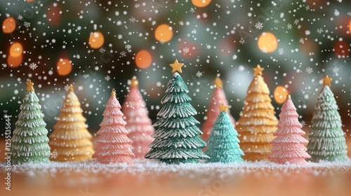 Festive Christmas trees with snow, warm lights in background photo