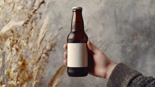 Hand holding a blank label beer bottle mockup on a grey background