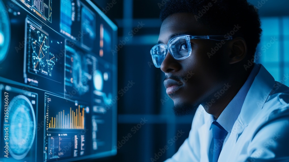 Focused Young Man Analyzing Data on Modern Computer Screen Focused Young Man Analyzing Data on Modern Computer Screen