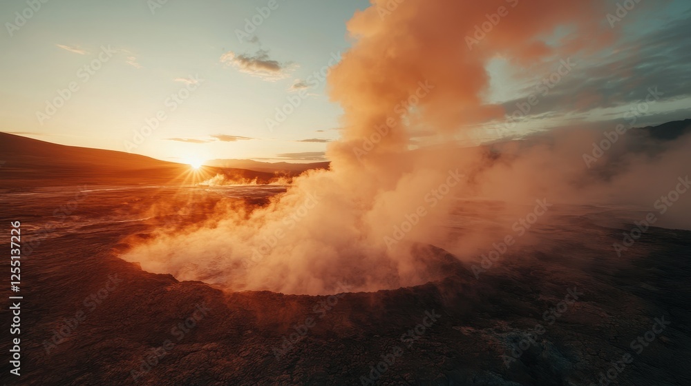A stunning sunset illuminates a geothermal area, with steam rising from the ground, creating a dramatic natural landscape. A stunning sunset illuminates a geothermal area, with steam rising from the ground, creating a dramatic natural landscape.
