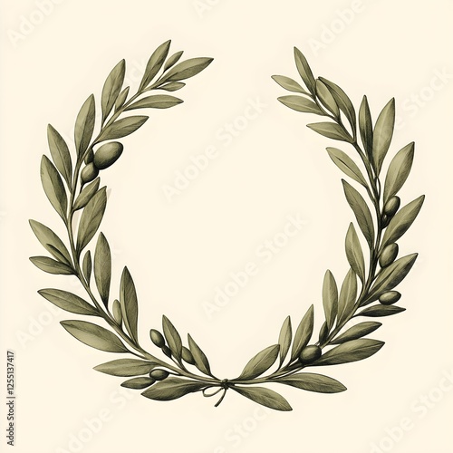 Olive leaf wreath design with detailed botanical illustration features green leaves and olives