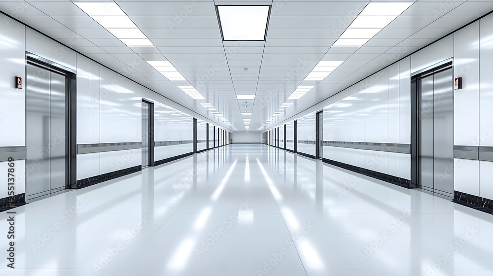 Obraz premium Bright Empty White Corridor or Gallery Hallway Backdrop with Vanishing Point and Copy Space