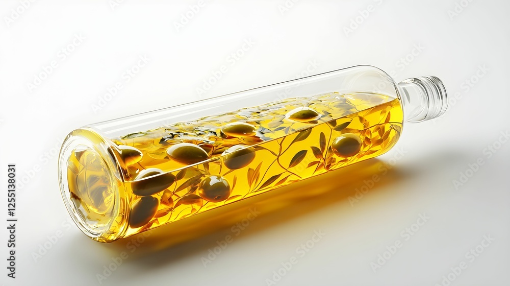 Naklejka premium Olive oil bottle with herbs and olives photographed on a white background