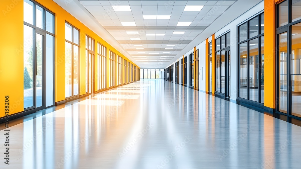 Fototapeta premium Bright Minimalist Glass Walled Corridor of Modern Business Office Building