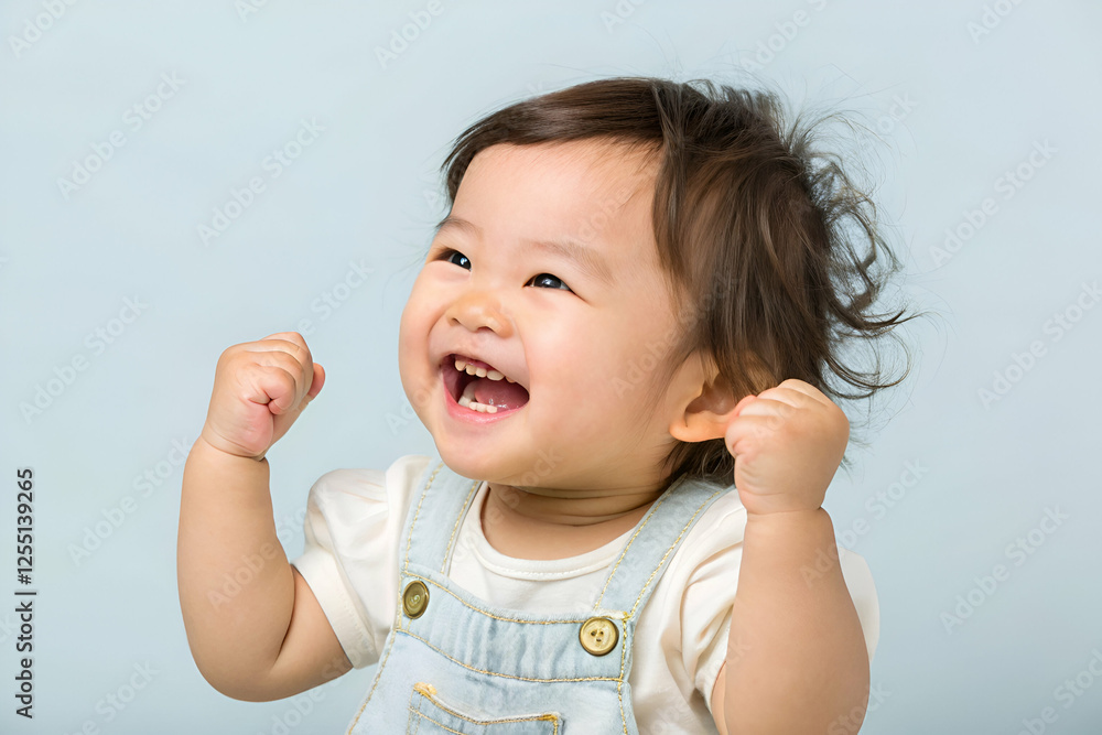 Asian baby A joyful toddler with curly hair celebrates, raising her fists in excitement against a soft blue background. Asian baby A joyful toddler with curly hair celebrates, raising her fists in excitement against a soft blue background.