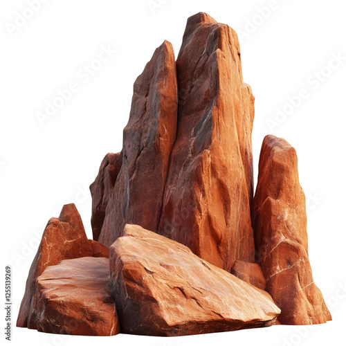 A group of large, steep ancient red rocks Isolated on a white background