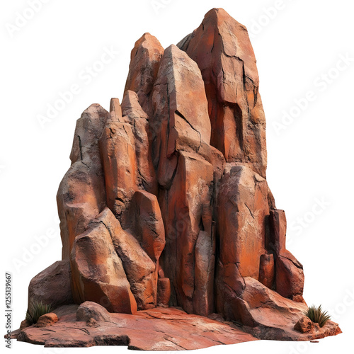 A large, steep group of ancient red mountain rocks. Isolated on white background.