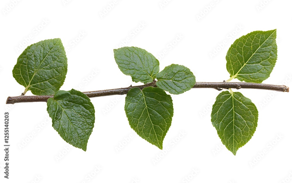 Fototapeta premium Close up of green leaves on branch, isolated on white background, for nature or spring themed design