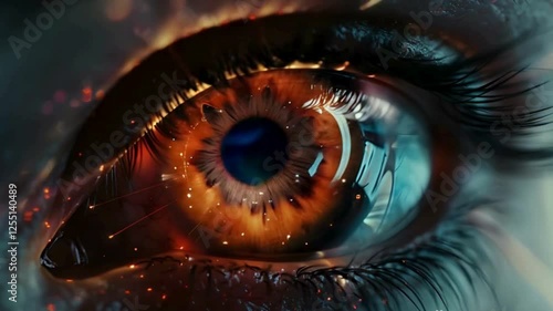Futuristic digital eye extreme close-up with abstract retina, cyber vision, biometric scan, holographic pupil, high-tech artificial intelligence interface
