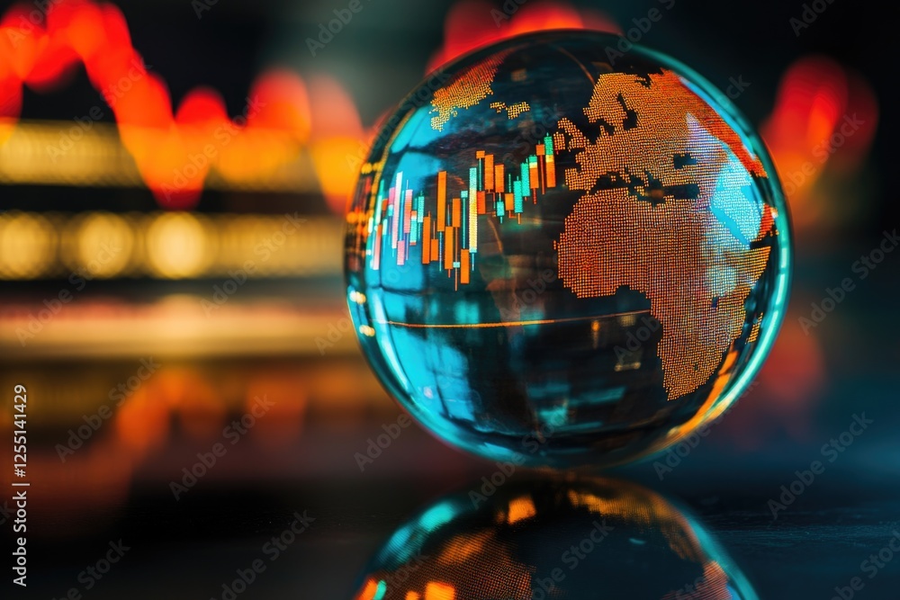 Double exposure of a globe and a stock market graph on a dark background. Double exposure of a globe and a stock market graph on a dark background.