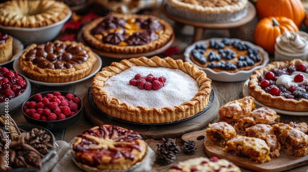 A table full of Thanksgiving desserts, including pies, cookies, and pumpkin-flavored treats A table full of Thanksgiving desserts, including pies, cookies, and pumpkin-flavored treats