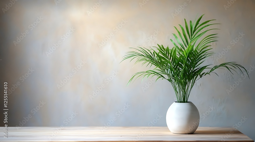 Serene Minimalist Home Decor: A Single Palm Plant in a White Vase Against a Neutral Background Serene Minimalist Home Decor: A Single Palm Plant in a White Vase Against a Neutral Background