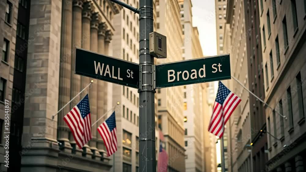Wall St, Broad St intersection sign in New York City, financial district with American flags. Business, finance and stock market concept in USA Wall St, Broad St intersection sign in New York City, financial district with American flags. Business, finance and stock market concept in USA