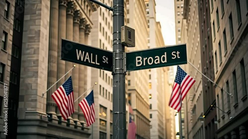 Wall St, Broad St intersection sign in New York City, financial district with American flags. Business, finance and stock market concept in USA