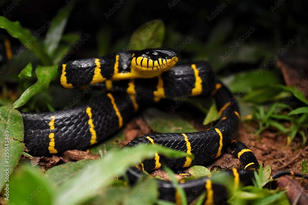 Obraz premium Black and Yellow Snake in Lush Green Environment