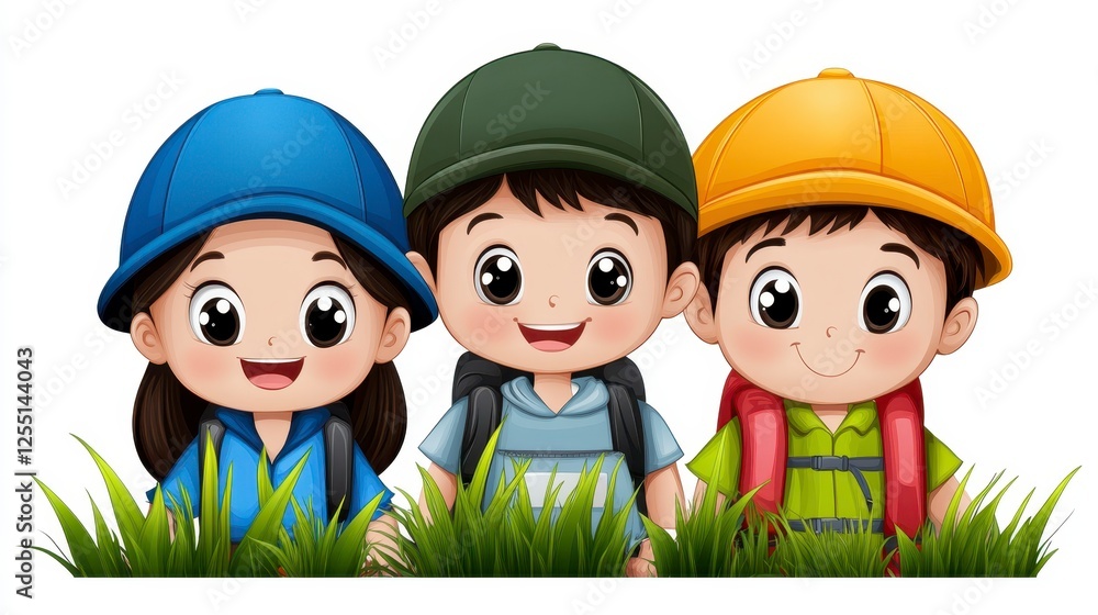 Three Cartoon Children in Colorful Caps and Backpacks in Grass Three Cartoon Children in Colorful Caps and Backpacks in Grass