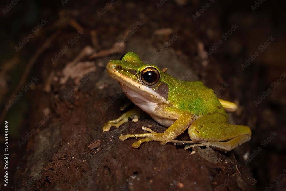 Naklejka premium Bright Green Frog on a Dark Forest Floor