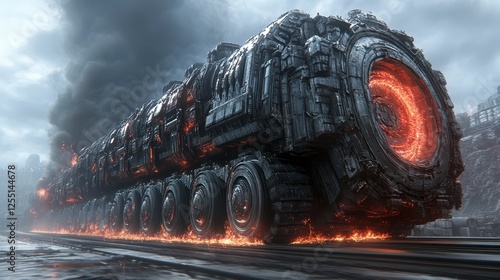 Massive, stylized, metallic train hurtles forward, emitting fiery exhaust. Dark gray and black metal, with intricate, almost organic, textures.  photo