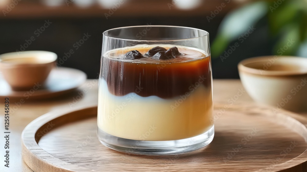 Glass of Japanese Kohi Jelly. Brewed coffee jelly and smooth, chilled coffee. Background of traditional Japanese cafe Glass of Japanese Kohi Jelly. Brewed coffee jelly and smooth, chilled coffee. Background of traditional Japanese cafe