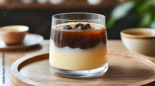 Glass of Japanese Kohi Jelly. Brewed coffee jelly and smooth, chilled coffee. Background of traditional Japanese cafe photo