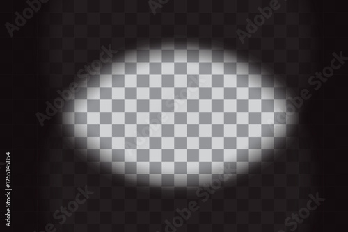 Transparent spotlight background. Checkered vignette overlay. Black gradient edges. Vector glare effect.