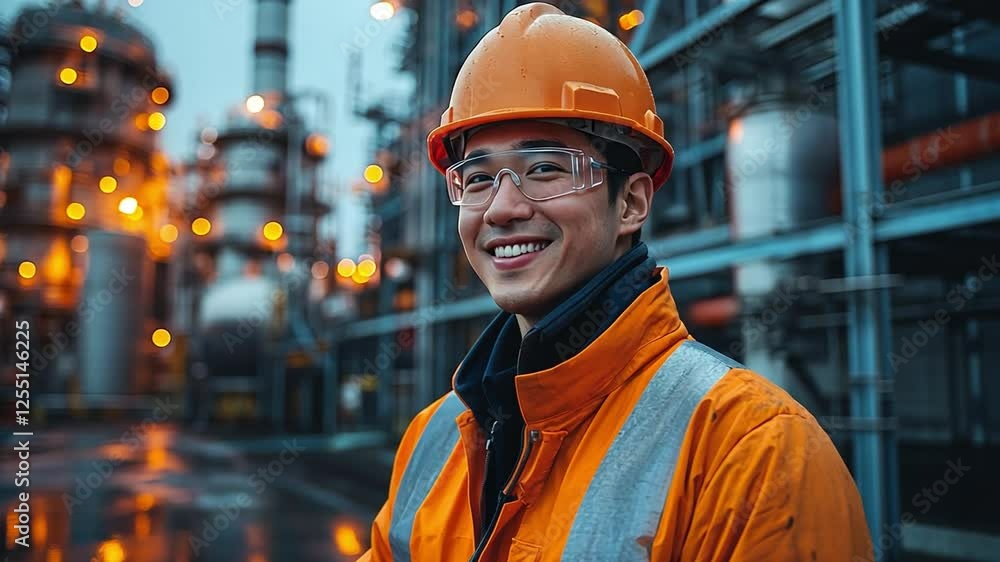 The Engineer's Smile: A skilled engineer, donning a safety helmet and glasses, stands confidently in an industrial setting, embodying expertise and dedication. The Engineer's Smile: A skilled engineer, donning a safety helmet and glasses, stands confidently in an industrial setting, embodying expertise and dedication.