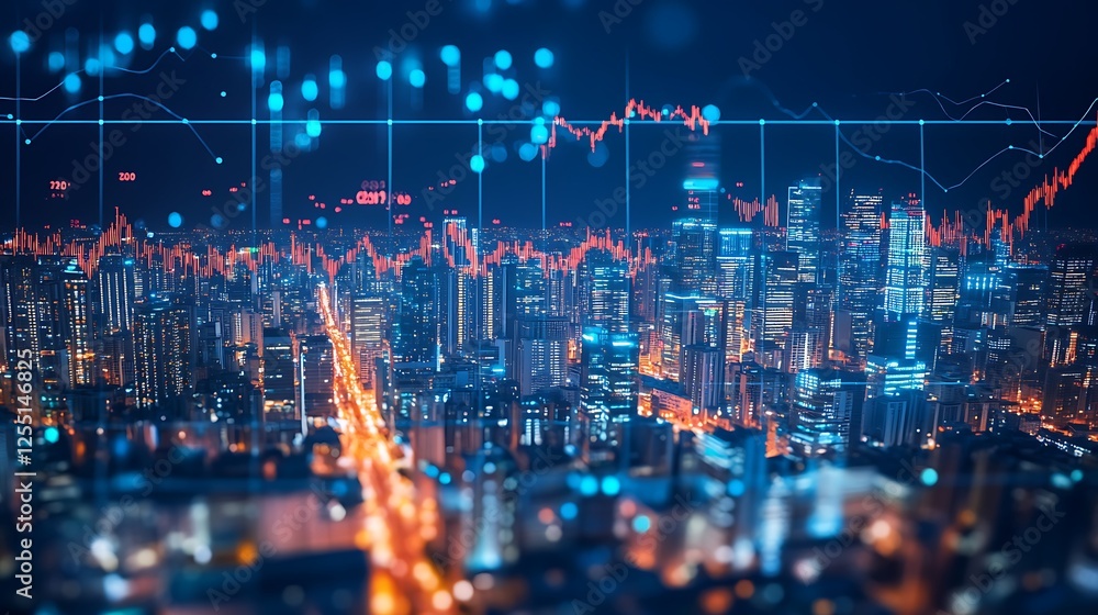 Night Cityscape with Stock Market Data Overlay Night Cityscape with Stock Market Data Overlay