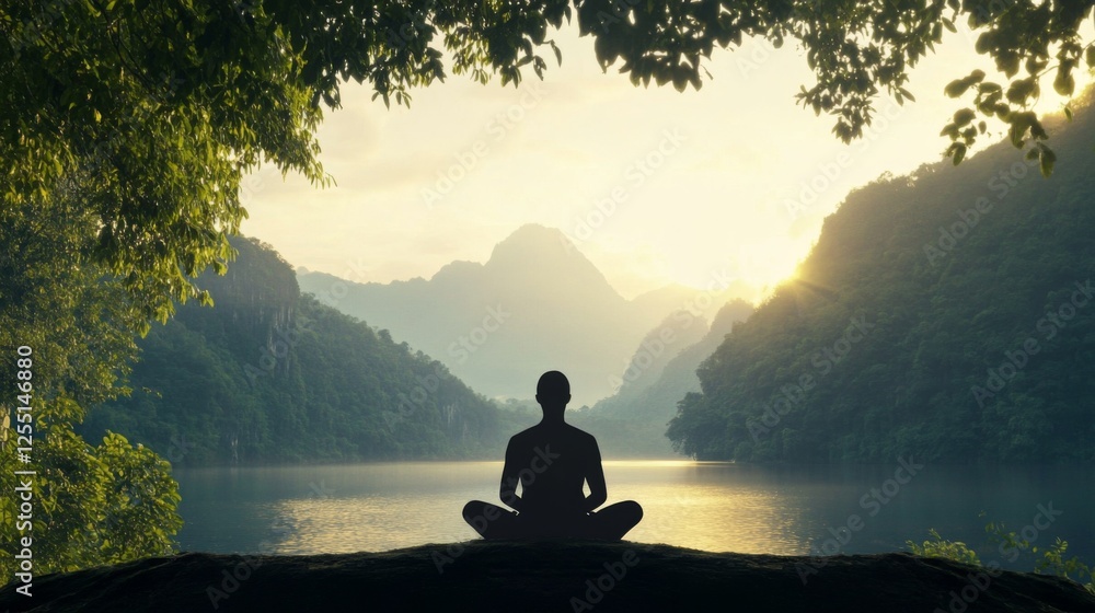 Man meditating sunrise mountain lake peace Man meditating sunrise mountain lake peace