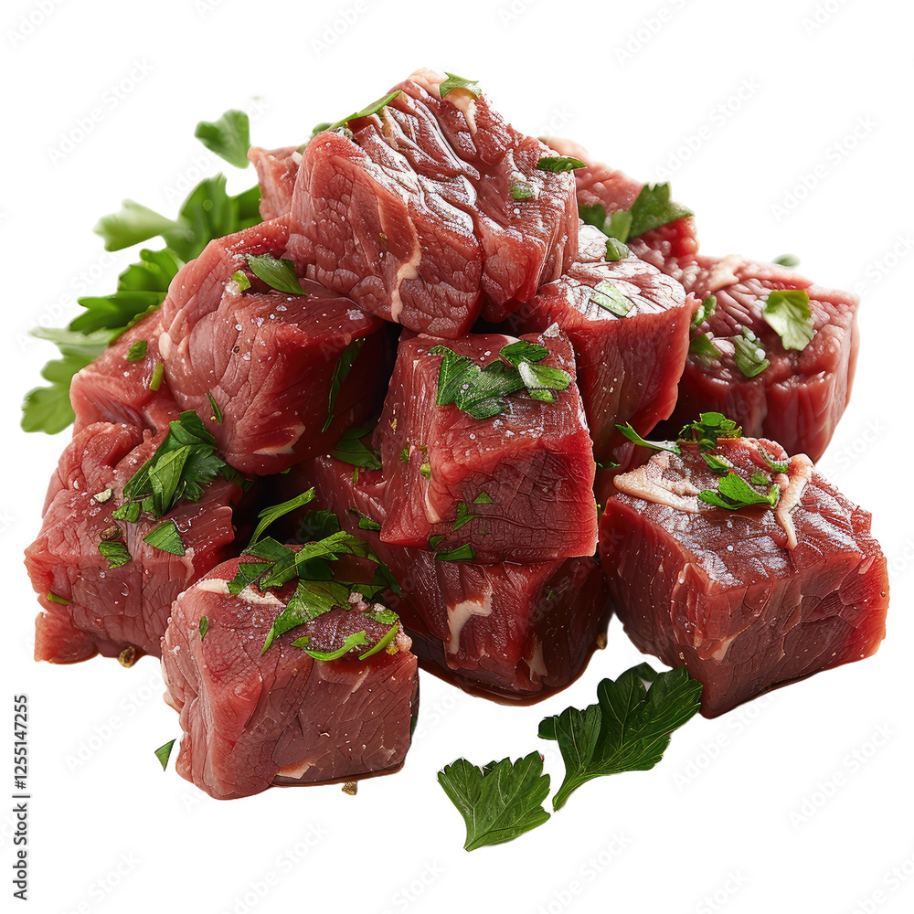 Pieces of crude meat with parsley on transparent background, PNG Pieces of crude meat with parsley on transparent background, PNG