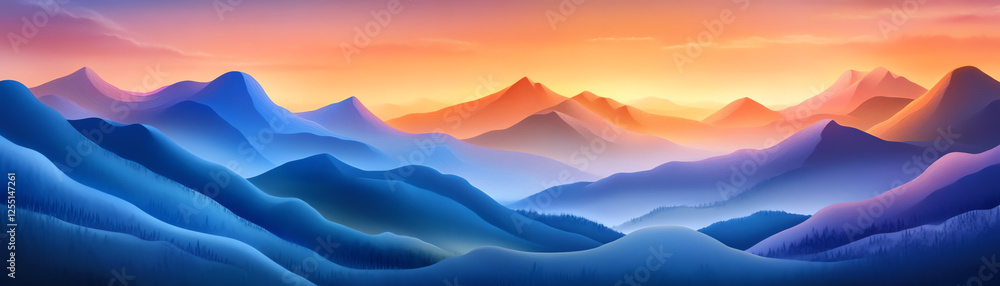 An enchanting landscape featuring rolling mountains bathed in sunset hues of blue, purple, and orange, creating a serene and picturesque view ideal for nature enthusiasts. An enchanting landscape featuring rolling mountains bathed in sunset hues of blue, purple, and orange, creating a serene and picturesque view ideal for nature enthusiasts.