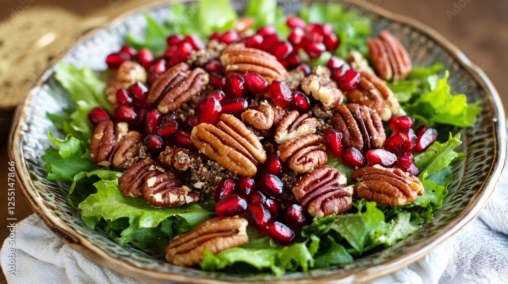 A Middle Eastern take on the Easter salad, incorporating pomegranate seeds, za’atar-spiced pecans, and a tahini dressing, presented on a handcrafted ceramic plate A Middle Eastern take on the Easter salad, incorporating pomegranate seeds, za’atar-spiced pecans, and a tahini dressing, presented on a handcrafted ceramic plate